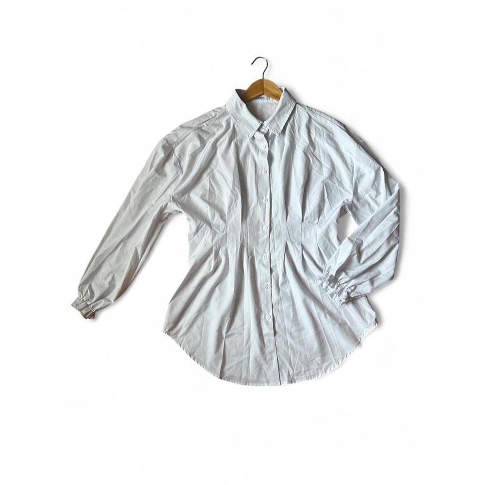 White Button Blouse Chic Office Siren Femme Fatale Darted Waist Twee Workwear XL